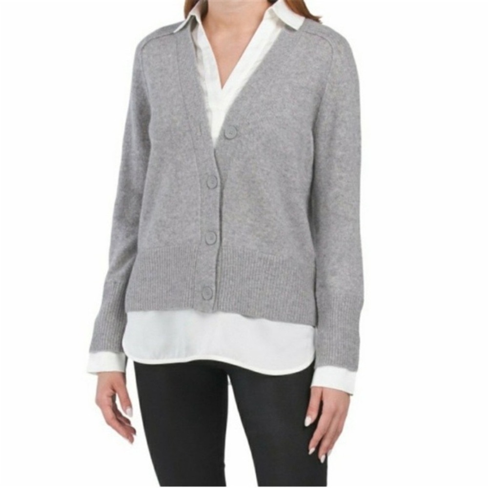M MAGASCHONI Multi Cashmere Blend Twofer Layered Gray White Cardigan Top Large